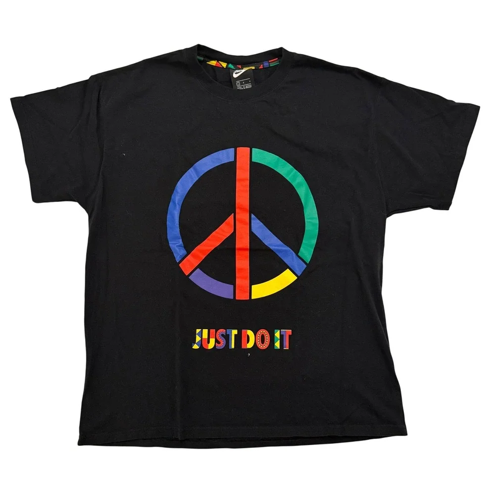 Nike Mens Peace Sign Just Do It Graphic Tee Large Black Urban Retro Streetwear